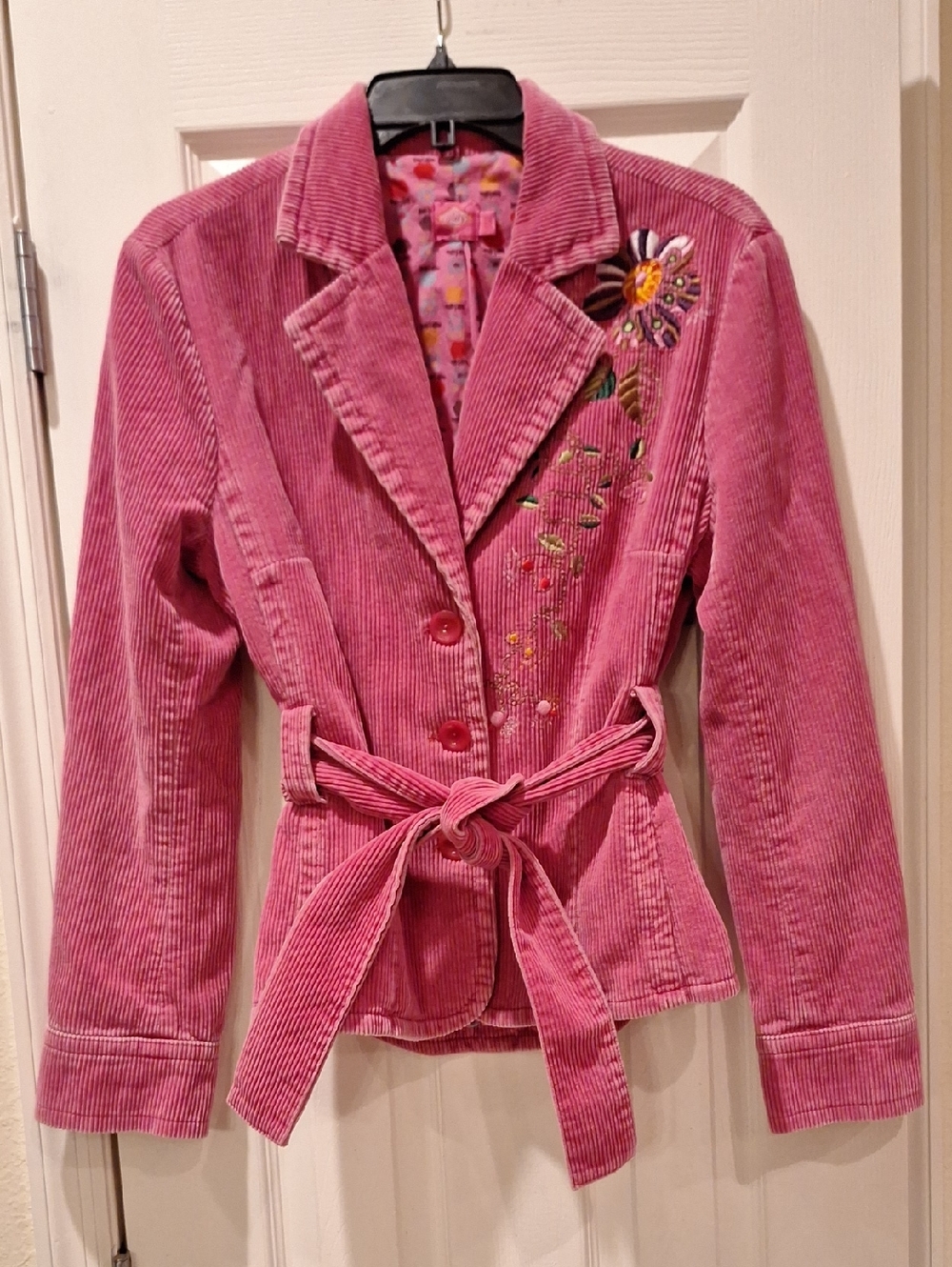 Oilily Pink Corduroy Belted Women's Blazer Jacket with Floral Embroidery - 40